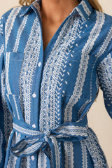 Songs of the Sky Blue Embroidered Midi Shirt Dress