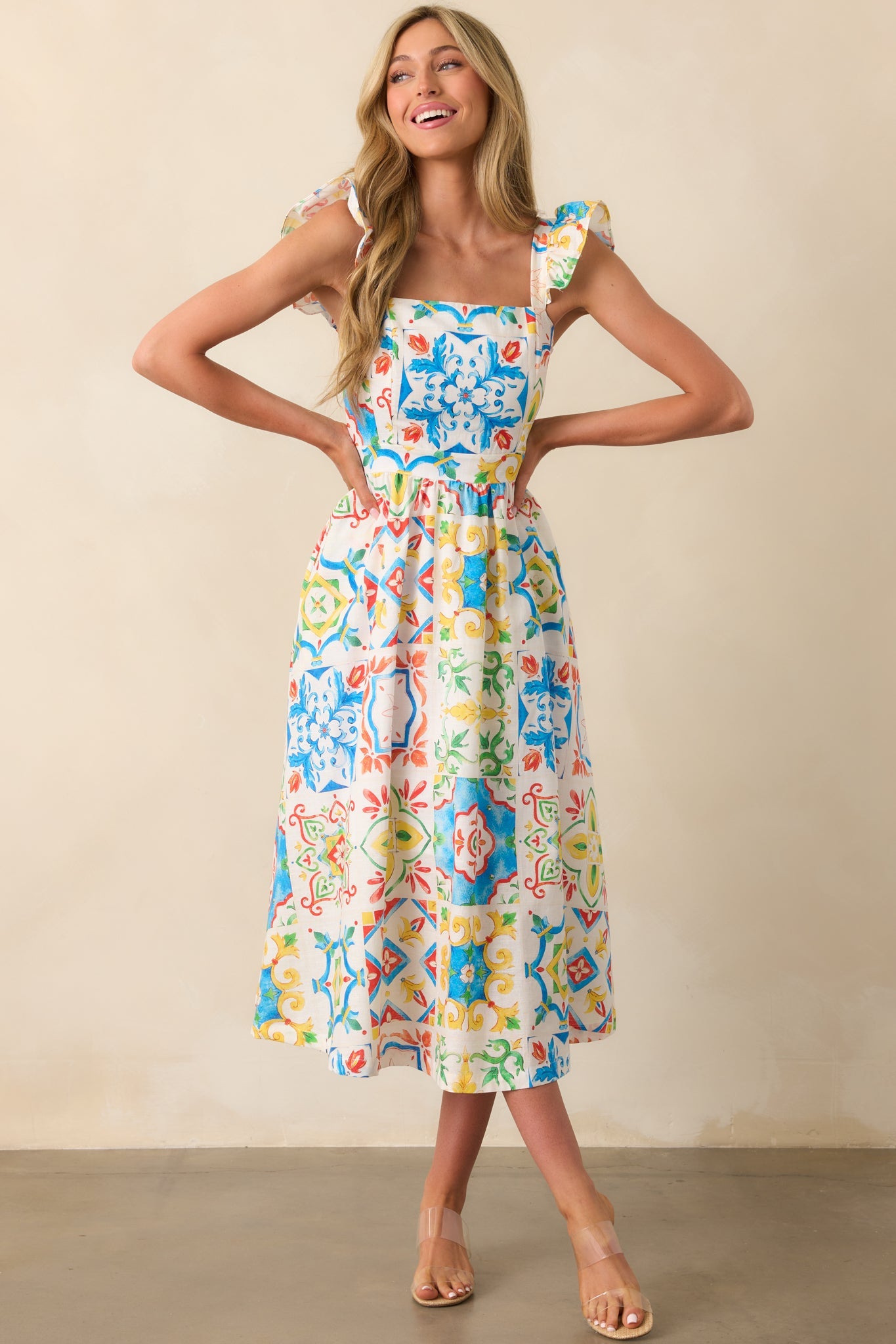 Prosperina Nicola Blue Multi Sicilian Tile Print Linen Ruffle Midi Dress
