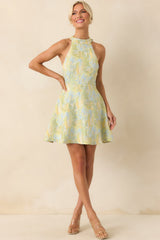 Always Ready Light Green Floral Print Jacquard Halter Mini Dress