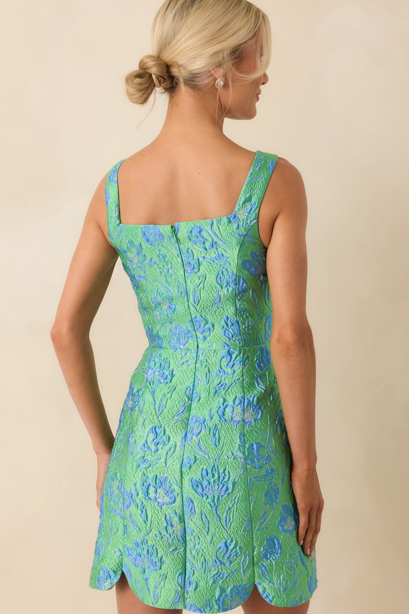 Just Look At Her Green Floral Print Jacquard Mini Dress