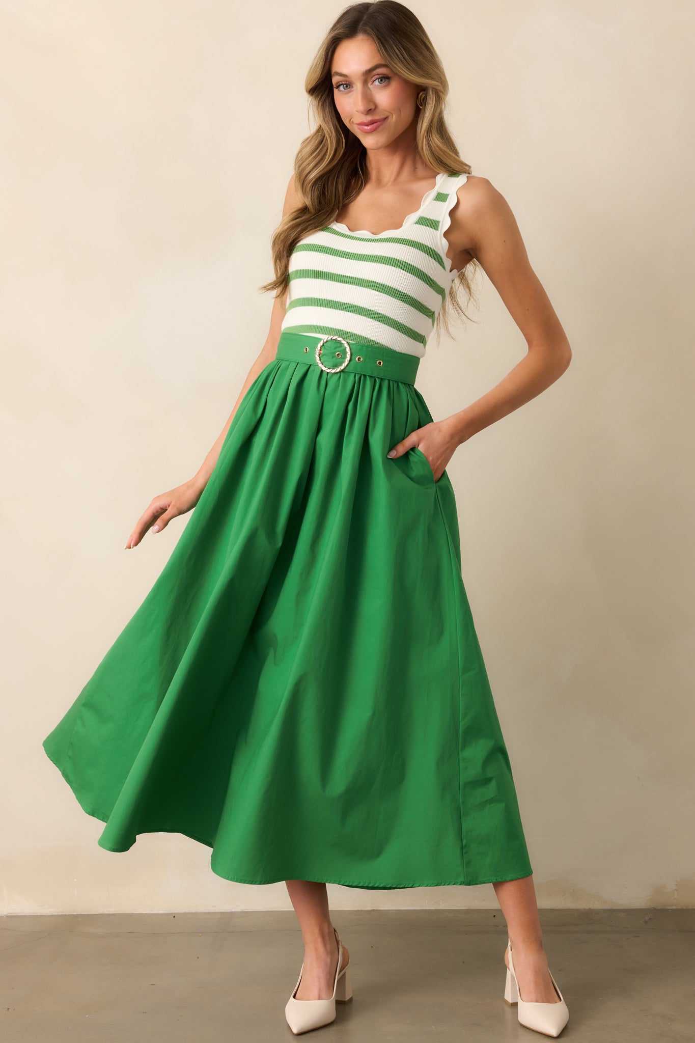 Greer Eden Green Stripe Cotton Midi Dress