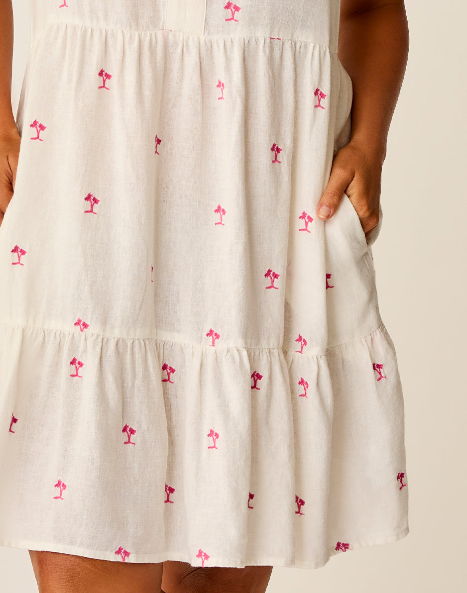 Nellie Linen Dress: Palm Embroidered